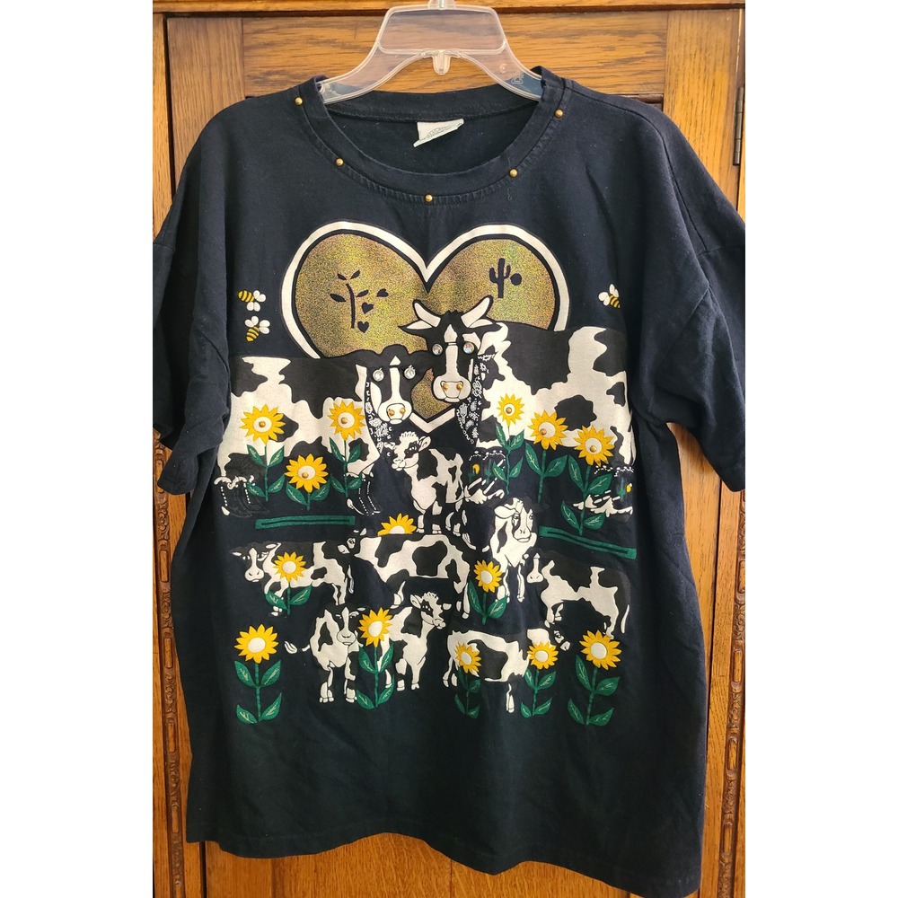 Mirage Artwear Vintage Cow Sunflower T-Shirt Black Rhinestone Studded OSFM USA